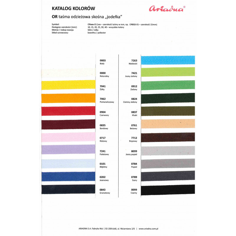 Katalog kolorów taśm odzieżowych - skośna "jodełka"